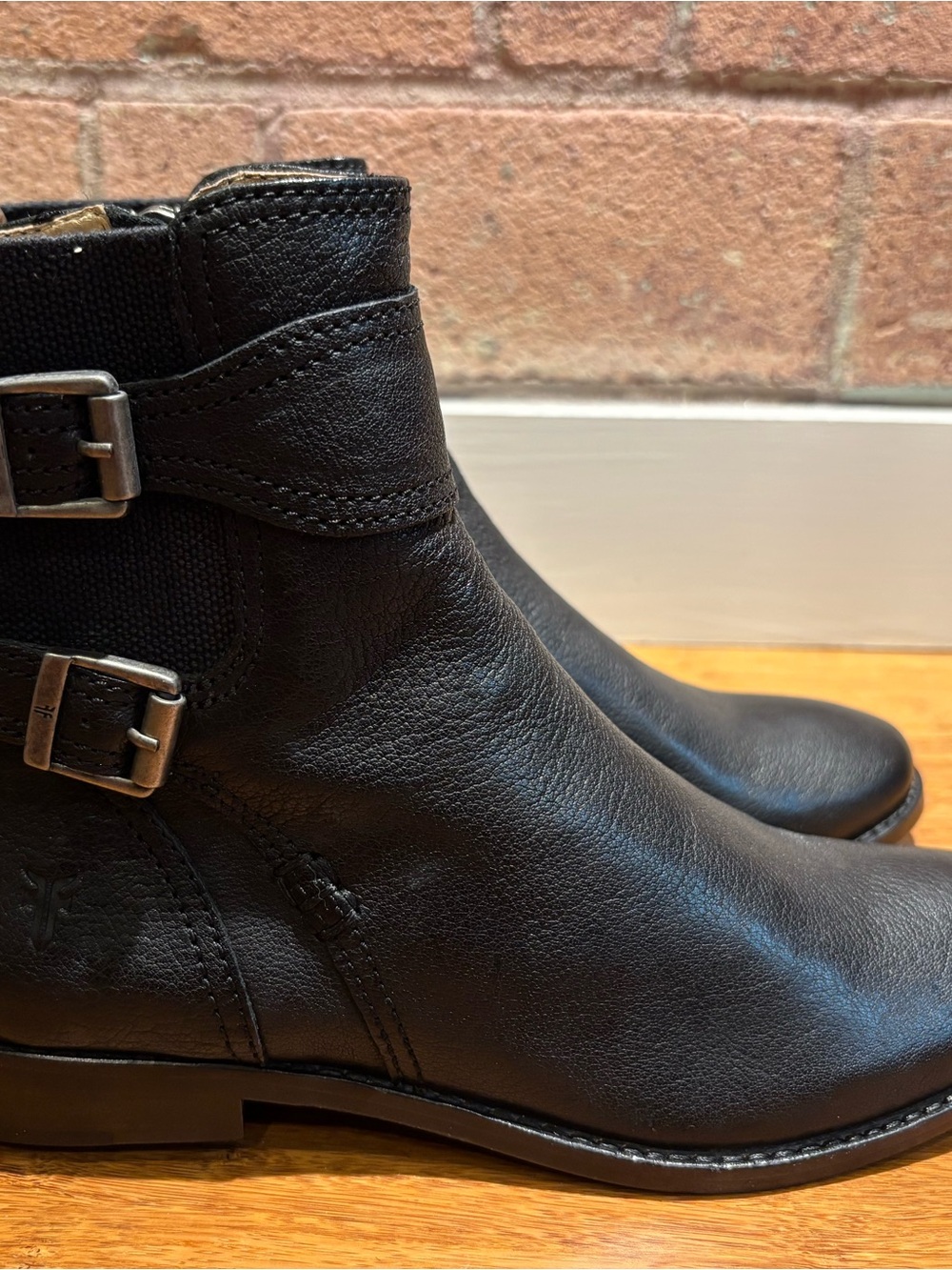 Frye Black Leather Buckle Ankle Boots